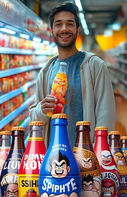 Man standing in front of a refrigerated section filled with beverages.